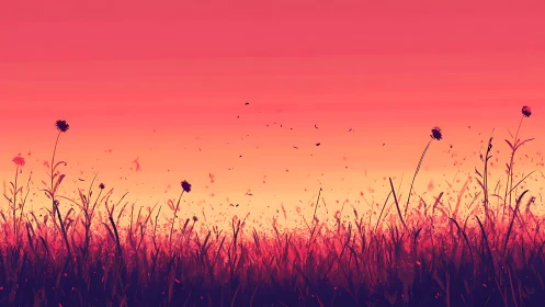 Red sunset sky over silhouetted field of tall wild grass.