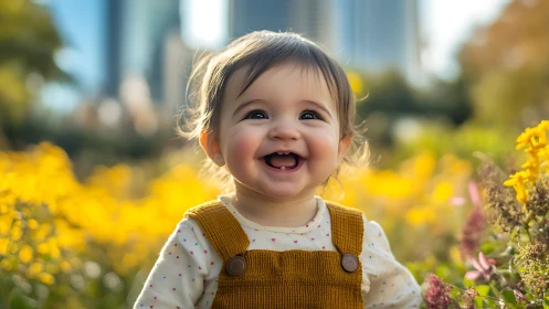 Toddler laughing in sunlit wildflower meadow with urban skyline backdrop