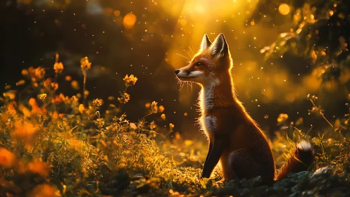 Photorealistic fox portrait in golden hour backlit meadow.
