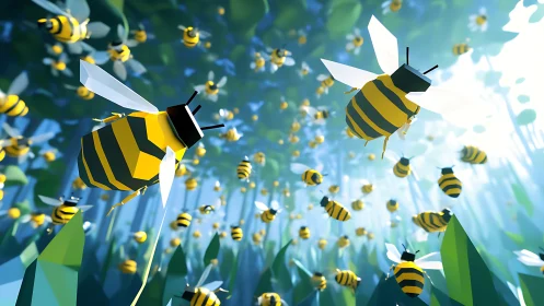 Low-poly 3D swarm of stylized bees in luminous meadow.