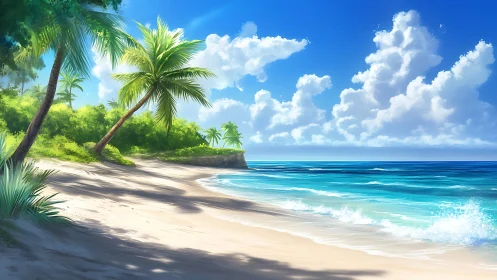Tropical Paradise Beach with Palm Trees and Turquoise Waters.