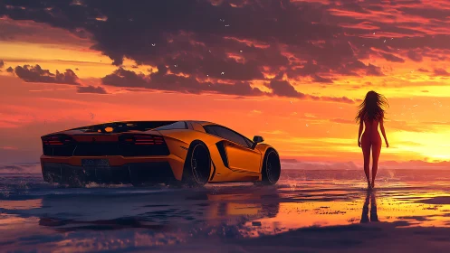 Sports car and human figure on reflective shoreline at sunset.