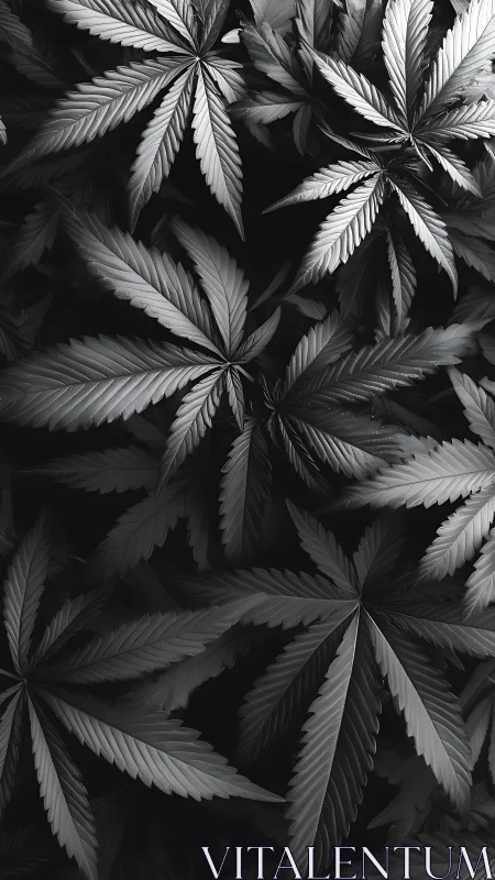 Monochrome cannabis leaves with layered overlapping forms.