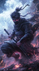 Masked ninja crouches on burning cliff above stormy city