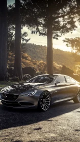 Sleek silver coupe parked on forest road at sunset.