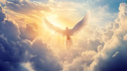 Majestic White Dove Soaring Into Radiant Sunlight, Surreal Art.