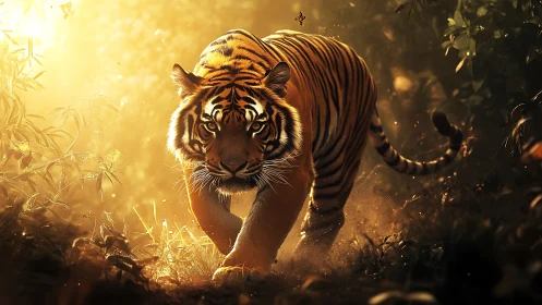Sun-forged jungle tiger stalking through molten dusk light.