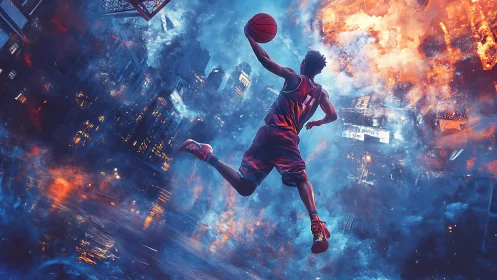 Hyperdynamic urban dunk within bifurcated fire‑ice skyline.