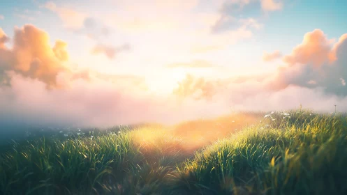 Sunlit grassy hills rise above dense clouds at soft sunrise