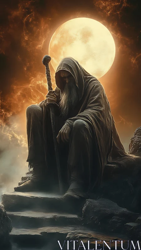 Hooded sage on stone steps silhouetted against blazing full moon