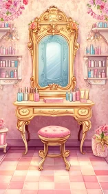 Ornate Rococo vanity with floral decor in digital painting style.