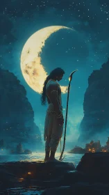 Moonlit warrior pauses beside crescent titan of the sky.