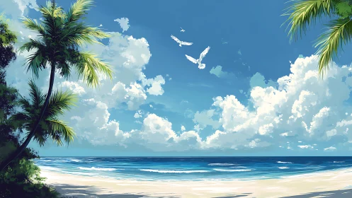 Tropical Beach Landscape with Palm Trees and Seascape