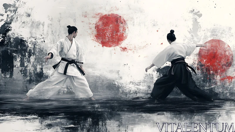 Martial artists in dynamic stances over abstract ink field.