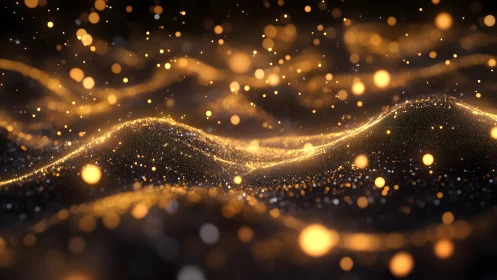 Abstract golden light waves and particles on dark background, digital art.