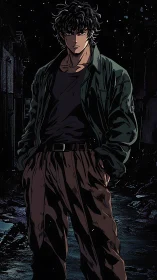 Curly haired male figure standing in dim urban alleyway.