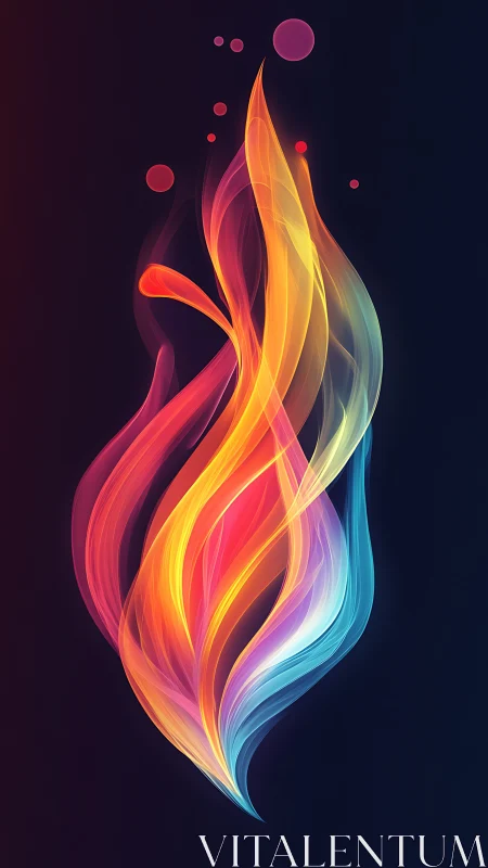 Colorful abstract flame swirl on dark gradient background.