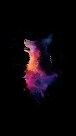 Wolf silhouette glows with cosmic nebula colors in darkness.