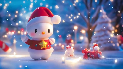 Snowfield toy tableau with Santa chick under festive bokeh.