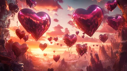 Metallic heart-shaped balloons suspended against dramatic sunset sky