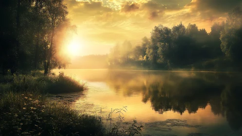 Golden sunrise glows over misty forest lake reflection.