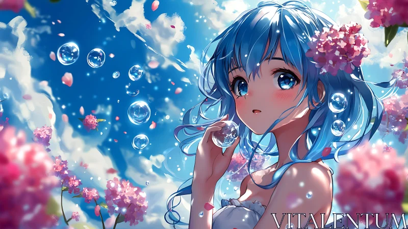 Blue haired anime girl gazes among blossoms and bubbles
