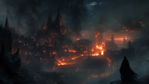 Burning gothic citadel under stormlit moonlit skies.