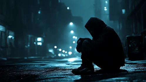 Cinematic nocturnal street portrait in moody blue tonality.