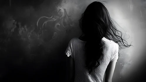 Quiet silhouette of a thoughtful girl in soft grayscale light.