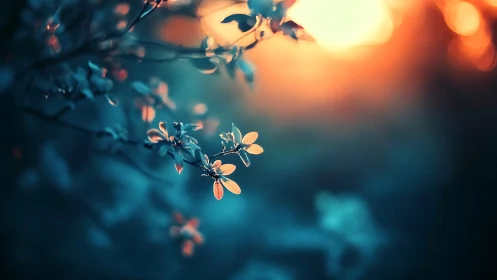 Backlit orange blossoms against deep teal dusk bokeh.