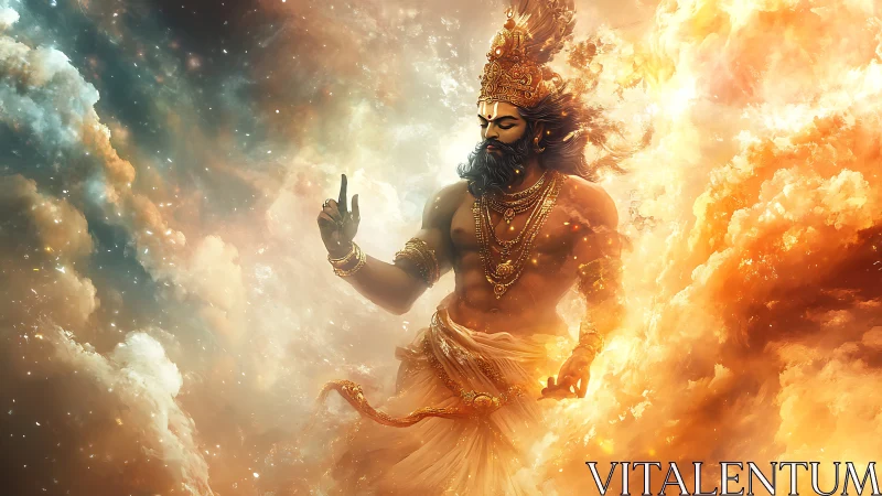 Mythic sky deity emerging from turbulent stellar nebulae.