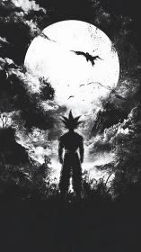 Silhouetted warrior under lunar sky in monochrome landscape.