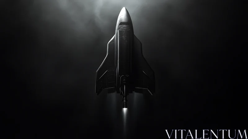 Sleek black space shuttle ascending through dark void.