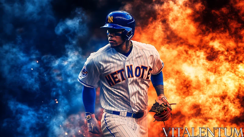 Digital baseball hero amid split fire and smoke backdrop.