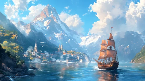 Tall ship under golden sails in alpine fjord harbor vista.