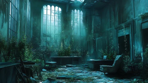 Abandoned neo-gothic office overgrown by diffuse turquoise light