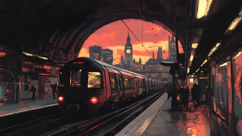 Sunset metro train glides into a glowing neon city station