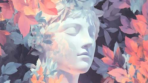 Marble-like facial sculpture is surrounded by layered foliage