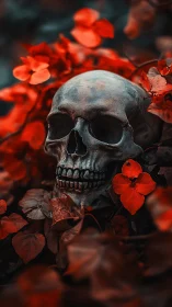 Weathered skull nestled in vivid crimson forest floor.