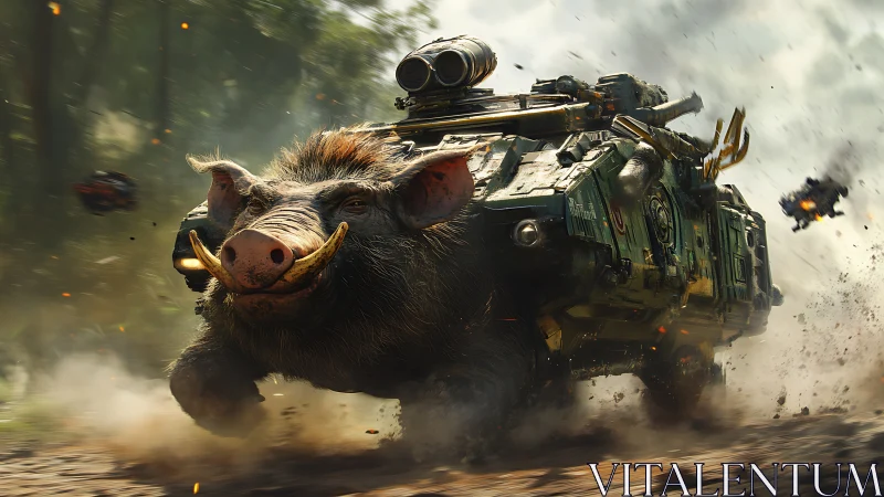 Armored warthog tank charges through explosive battlefield.