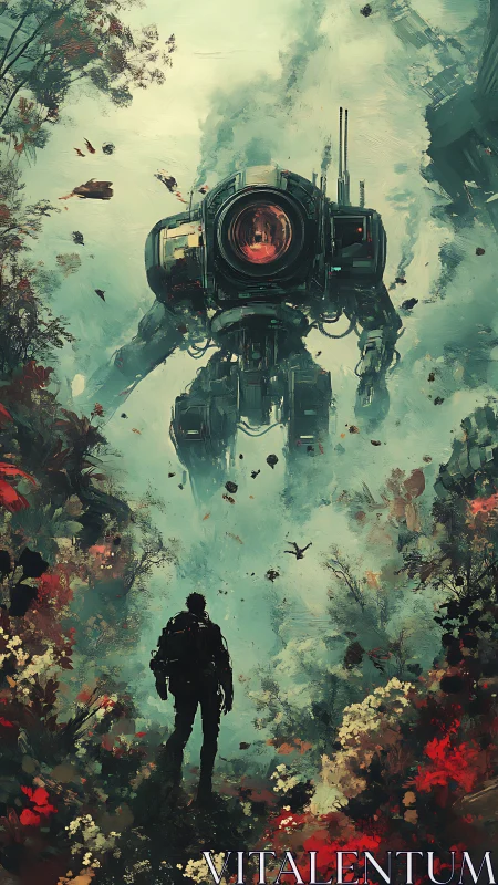 Lone explorer confronts colossal mech in misty overgrown ruin