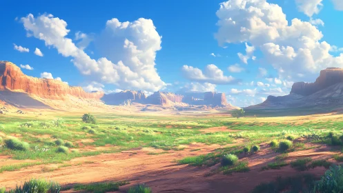 Sunlit desert valley breathing under bright summer clouds.