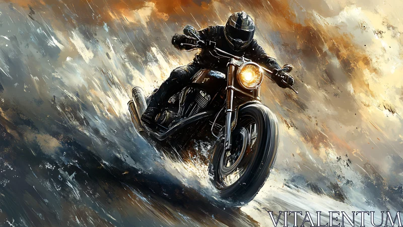 Dynamic motorcycle rider rendered with directional motion brushwork