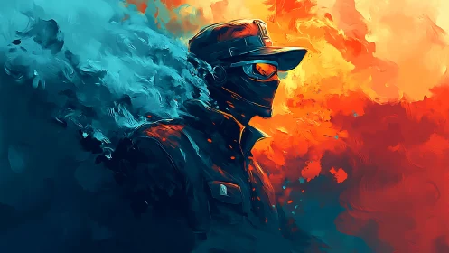Masked cyber soldier stands between icy blue and blazing fire