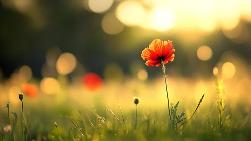 Sunlit orange wildflower quietly glows in a dreamy meadow