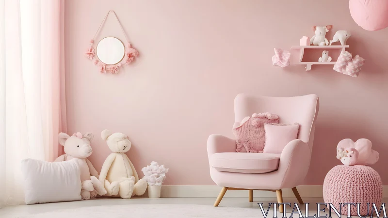 Soft pink nursery interior with plush decor and armchair focus.