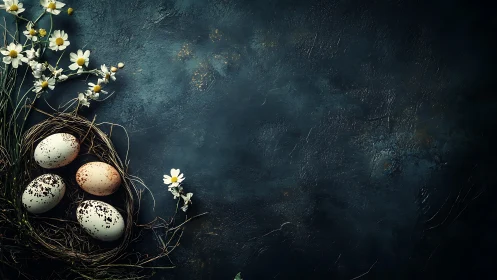 Nest with speckled eggs and daisies on dark textured surface.