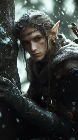 Silent winter elf scout resting between drifting snows.