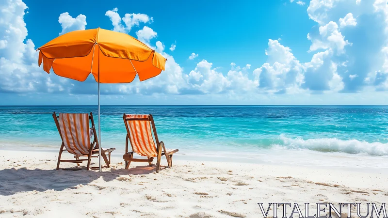 Sunny shoreline with orange umbrella and striped chairs.