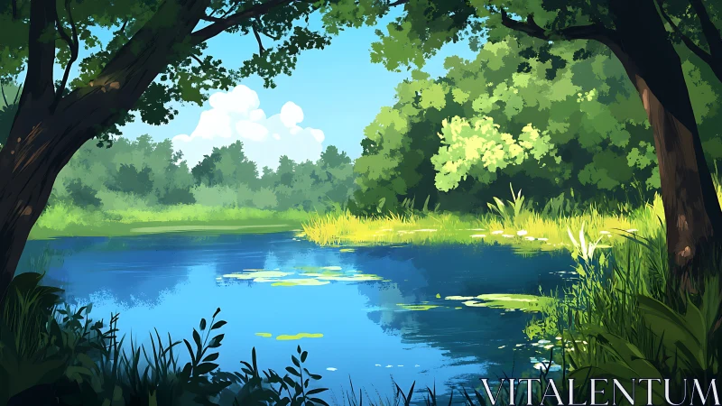 Sunlit Sanctuary: Nature's Verdant Cathedral by Water.